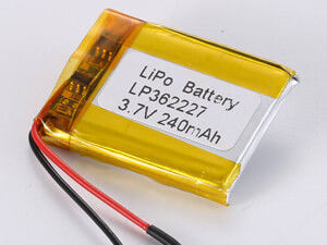 LP362227 3.7V 240mAh Lithium Polymer Battery with High Energy Density 150-200 Wh/kg and Maximum Discharge Current 0.35A